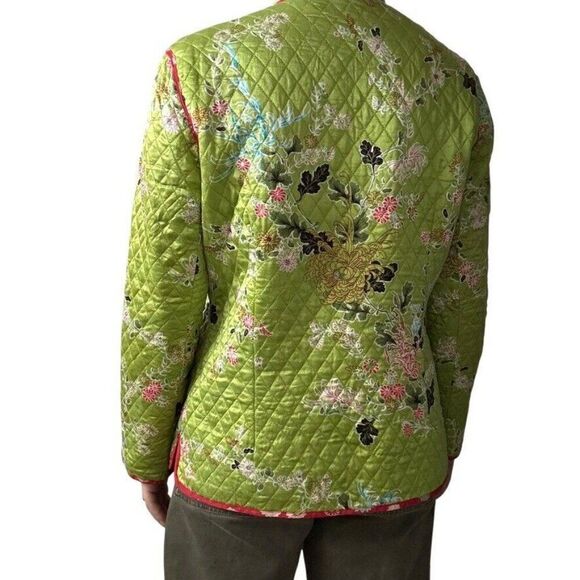 Vintage Y2K Womens 100% Silk Green Japanese Floral Chore Quilted Jacket Sz L - Picture 7 of 7